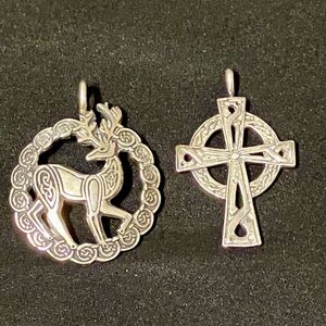 2 VINTAGE STERLING SILVER CELTIC PENDANTS CROSS & STAG